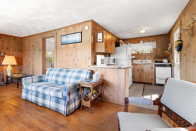 57 Samoset Trl, Boothbay, ME 04544 - living room with light wood-type flooring and wood walls