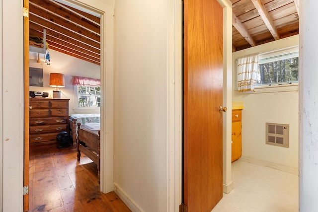 57 Samoset Trl, Boothbay, ME 04544 - corridor with hardwood / wood-style flooring, vaulted ceiling with beams, wooden ceiling, baseboards, and visible vents