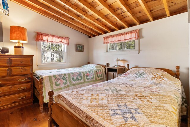 57 Samoset Trl, Boothbay, ME 04544 - bedroom with wood ceiling, lofted ceiling with beams, wood-type flooring, and multiple windows