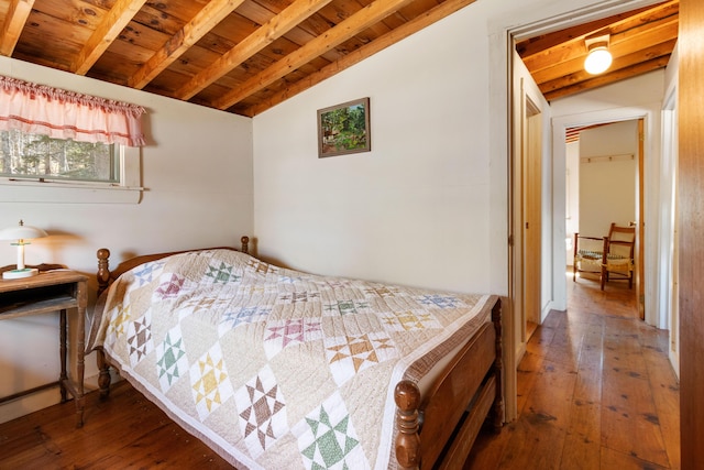 57 Samoset Trl, Boothbay, ME 04544 - bedroom with hardwood / wood-style flooring, wooden ceiling, and lofted ceiling with beams
