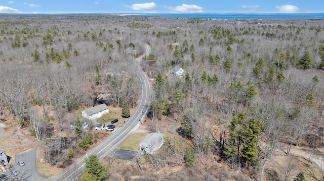 drone / aerial view featuring a wooded view
