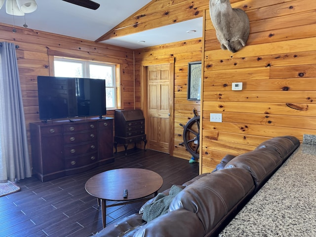 441 Works Rd, Jackson, ME 04921 - living area with vaulted ceiling, wood walls, a ceiling fan, and wood finish floors