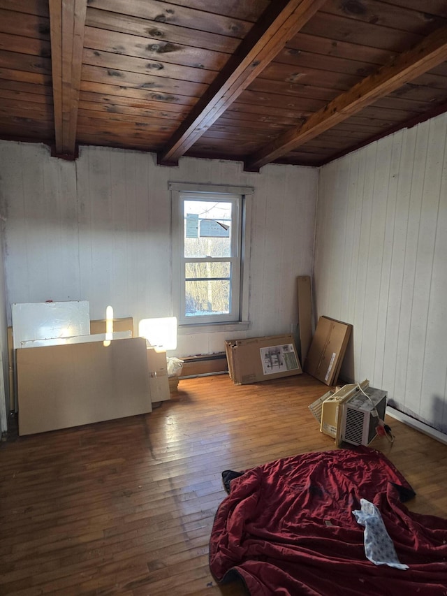 interior space with wood walls, hardwood / wood-style floors, wooden ceiling, and beam ceiling