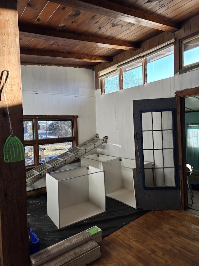 miscellaneous room with wood walls, plenty of natural light, beam ceiling, and wood finished floors