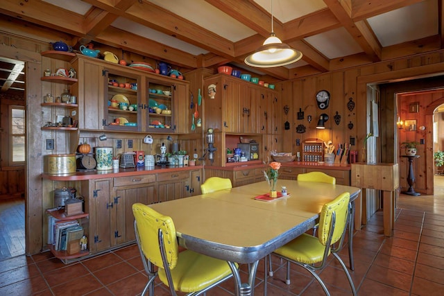 480 Sound Dr, Mount Desert, ME 04660 - tiled dining room with coffered ceiling, wood walls, and beam ceiling