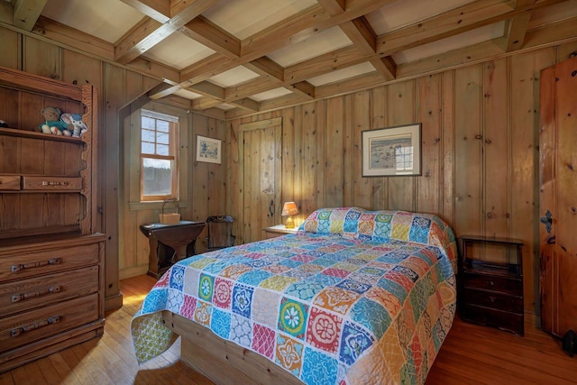 480 Sound Dr, Mount Desert, ME 04660 - bedroom featuring coffered ceiling, light wood finished floors, beamed ceiling, and wooden walls