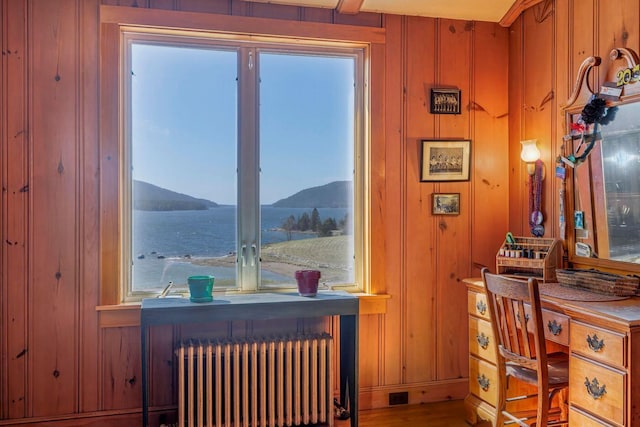 480 Sound Dr, Mount Desert, ME 04660 - interior space featuring a mountain view, wood walls, wood finished floors, and radiator heating unit