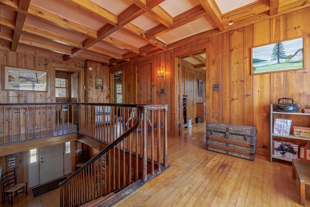 480 Sound Dr, Mount Desert, ME 04660 - interior space with coffered ceiling, wood walls, wood-type flooring, and beam ceiling