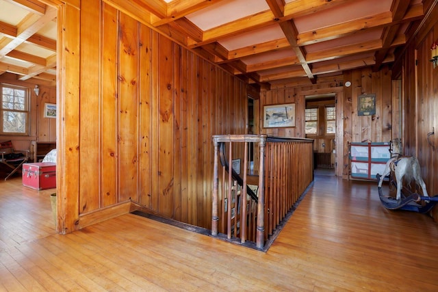 480 Sound Dr, Mount Desert, ME 04660 - hall with an upstairs landing, wooden walls, beamed ceiling, coffered ceiling, and hardwood / wood-style flooring