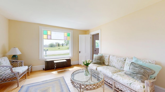 19 Spruce Head Rd, South Thomaston, ME 04858 - living room featuring radiator, wood finished floors, and baseboards
