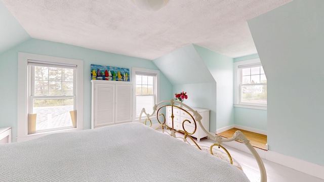 19 Spruce Head Rd, South Thomaston, ME 04858 - bedroom with lofted ceiling, a textured ceiling, wood finished floors, and baseboards