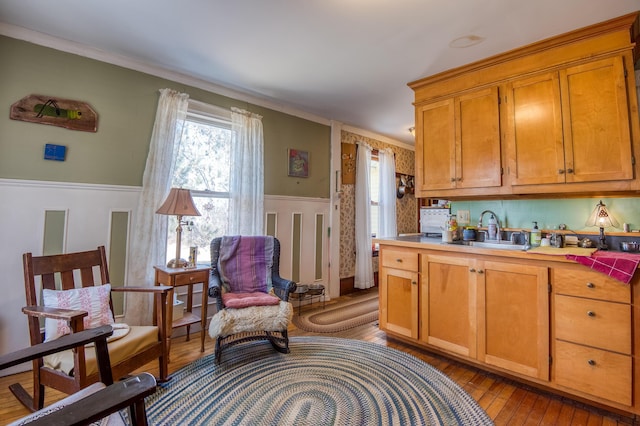 27 Pine St, Eustis, ME 04936 - kitchen with a sink, wainscoting, light wood-type flooring, brown cabinetry, and light countertops