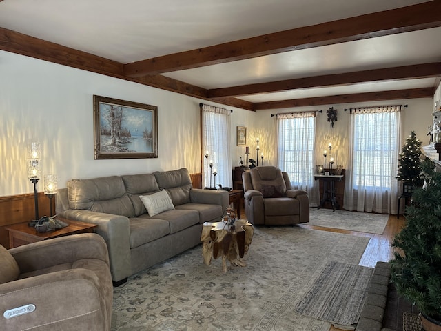 living area featuring beamed ceiling and wood finished floors
