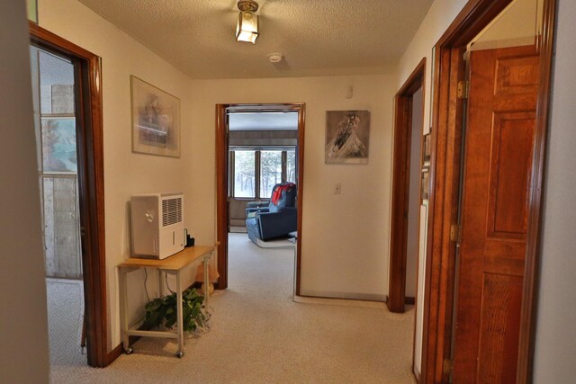hallway featuring carpet and a textured ceiling
