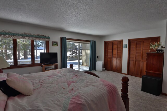 bedroom with access to exterior, carpet, a textured ceiling, and two closets