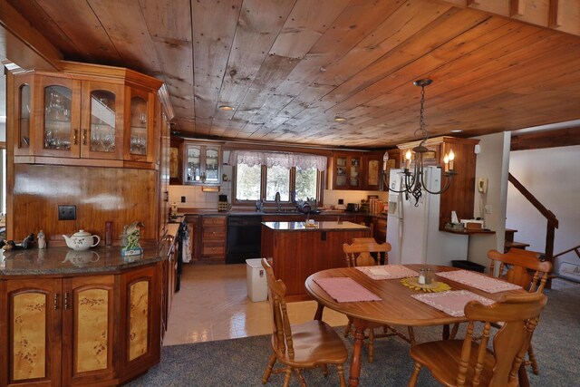 dining area with stairway, wooden ceiling, and an inviting chandelier