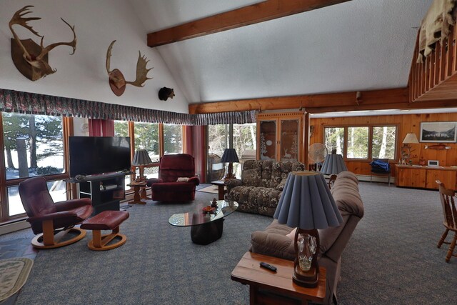carpeted living area featuring beamed ceiling, high vaulted ceiling, and a baseboard heating unit