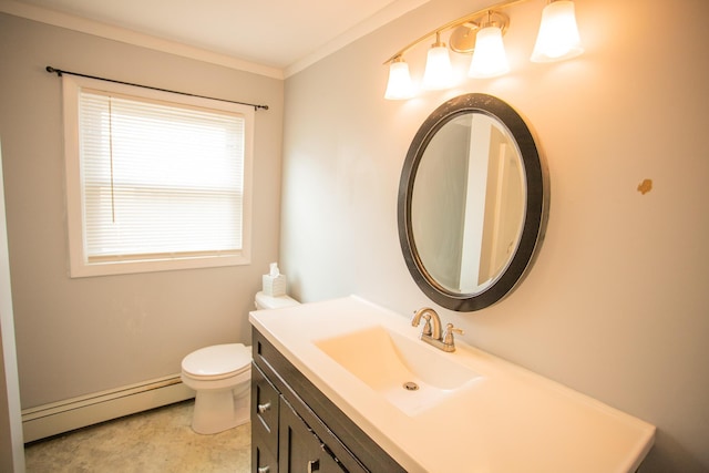 bathroom with toilet, a baseboard radiator, vanity, and ornamental molding