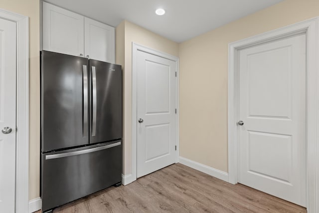 4 Peaceful Way, Windham, ME 04062 - kitchen featuring freestanding refrigerator, light wood-style flooring, baseboards, white cabinets, and recessed lighting