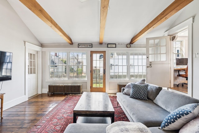 living area featuring hardwood / wood-style floors, plenty of natural light, vaulted ceiling with beams, and radiator