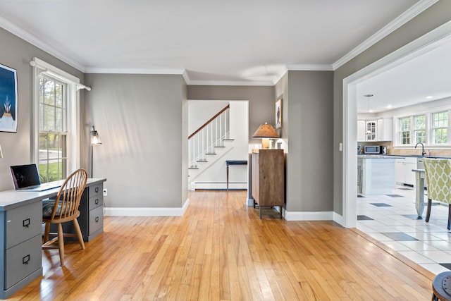10 Thistleberry Ln, York, ME 03909 - office area featuring a baseboard heating unit, light wood-style floors, and ornamental molding