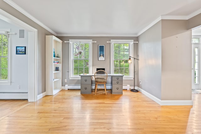 10 Thistleberry Ln, York, ME 03909 - office space with a baseboard heating unit, light wood-style floors, ornamental molding, and a baseboard radiator