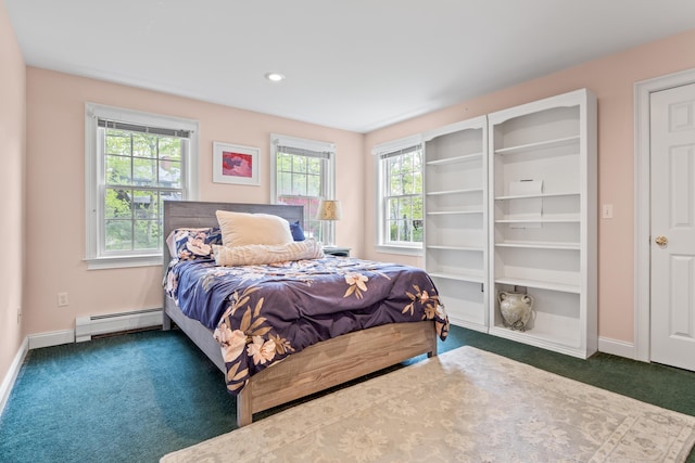 10 Thistleberry Ln, York, ME 03909 - carpeted bedroom with a baseboard radiator, multiple windows, and recessed lighting