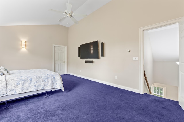 10 Thistleberry Ln, York, ME 03909 - bedroom with carpet flooring, high vaulted ceiling, and ceiling fan