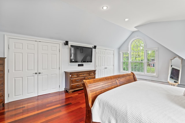 10 Thistleberry Ln, York, ME 03909 - bedroom with two closets, dark wood-style flooring, lofted ceiling, and recessed lighting