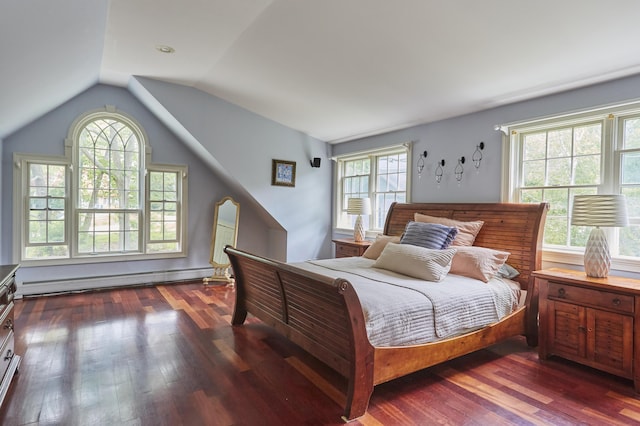 10 Thistleberry Ln, York, ME 03909 - bedroom featuring a baseboard radiator, hardwood / wood-style floors, and vaulted ceiling