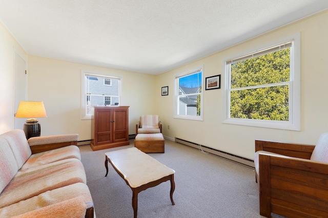 58 Shelton Dr, York, ME 03909 - living room with a baseboard radiator, baseboards, and light carpet
