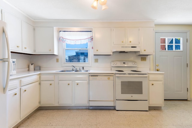 58 Shelton Dr, York, ME 03909 - kitchen with a sink, white appliances, light floors, light countertops, and under cabinet range hood