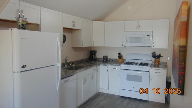 8 Prince St, Lincoln, ME 04457 - kitchen featuring dark wood finished floors, white cabinetry, a sink, and white appliances