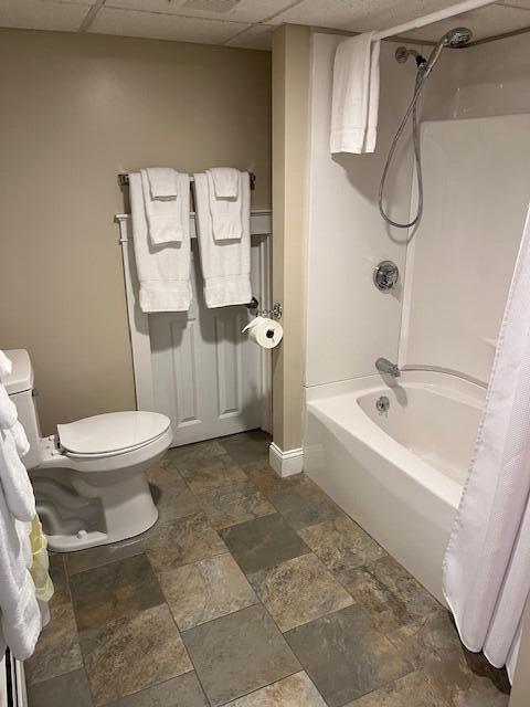 8 Prince St, Lincoln, ME 04457 - full bathroom with a paneled ceiling, toilet, baseboards, stone finish floor, and shower / bathtub combination with curtain