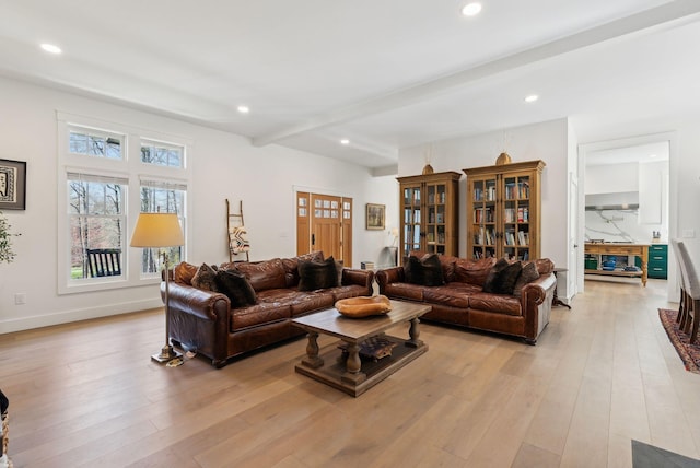 239 Hunter Way, Falmouth, ME 04105 - living room with recessed lighting, light wood-style floors, beamed ceiling, and baseboards