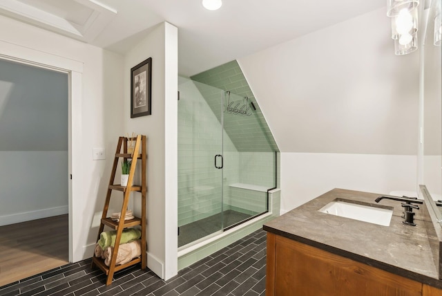 239 Hunter Way, Falmouth, ME 04105 - bathroom featuring a stall shower, vanity, and baseboards
