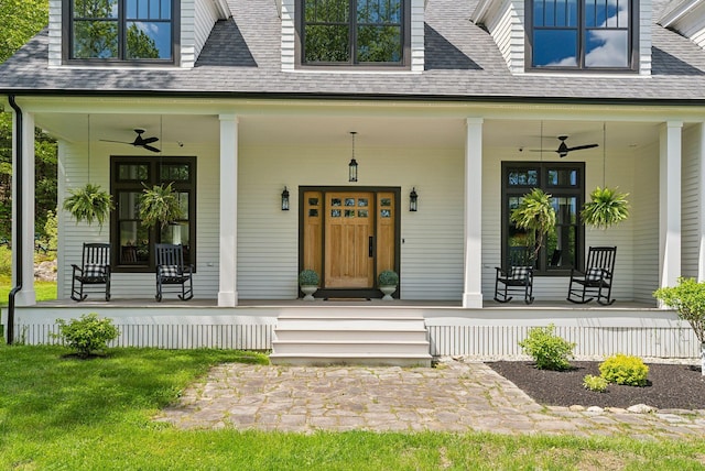239 Hunter Way, Falmouth, ME 04105 - property entrance featuring a ceiling fan, a porch, and roof with shingles