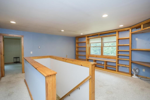 23 Orr St, Wilton, ME 04294 - hall featuring an upstairs landing, light colored carpet, and recessed lighting