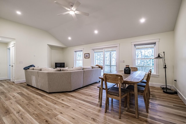 15 Summit Dr, Bridgton, ME 04009 - living area featuring light wood-style flooring, ceiling fan, baseboards, and lofted ceiling