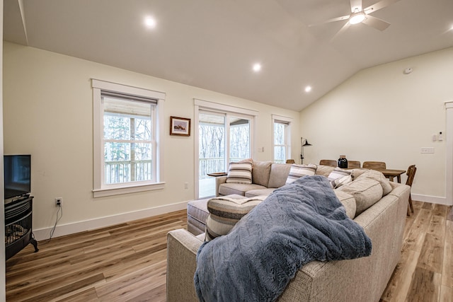 15 Summit Dr, Bridgton, ME 04009 - living room featuring light wood-style flooring, a ceiling fan, recessed lighting, lofted ceiling, and baseboards