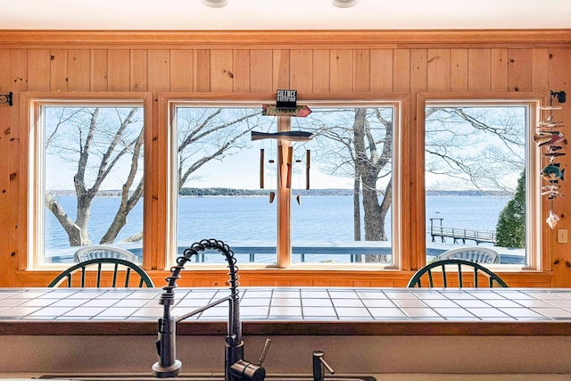 interior space featuring a water view, wooden walls, and a healthy amount of sunlight