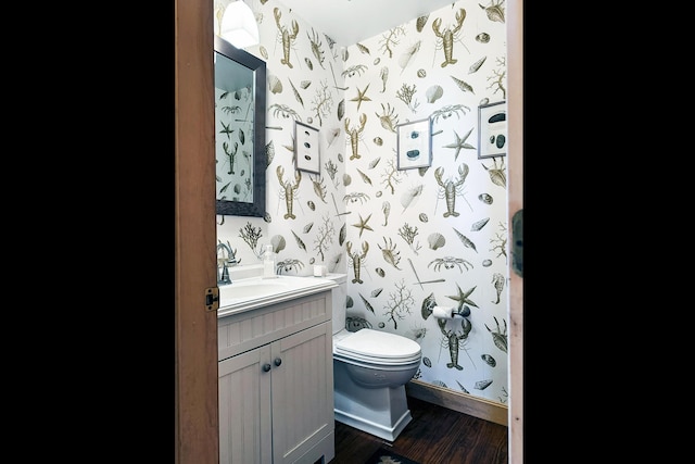 bathroom featuring vanity, wood finished floors, and toilet