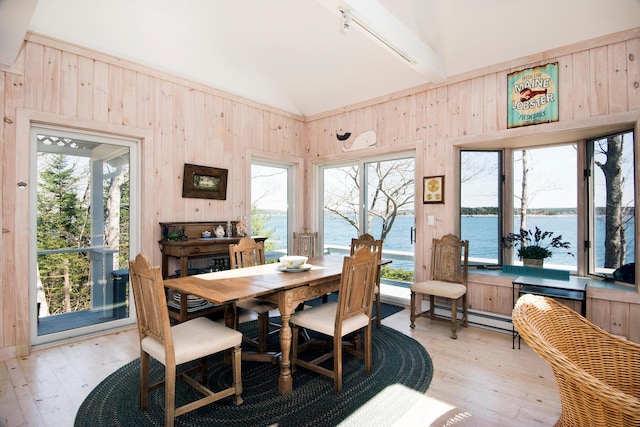 dining space with light wood-style floors, a water view, plenty of natural light, and wood walls