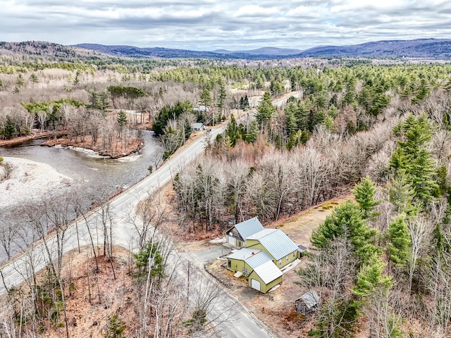aerial view featuring a mountain view and a view of trees