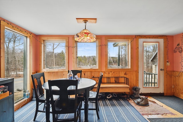 dining room featuring carpet, wood walls, and baseboards