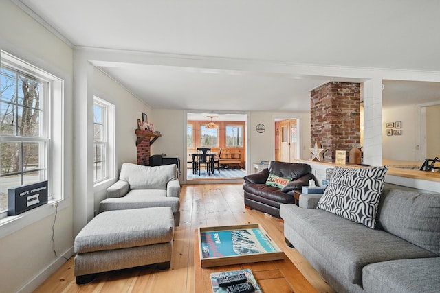 living room featuring crown molding and wood-type flooring