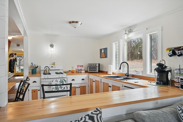 kitchen featuring a sink, crown molding, butcher block counters, and white range with gas stovetop