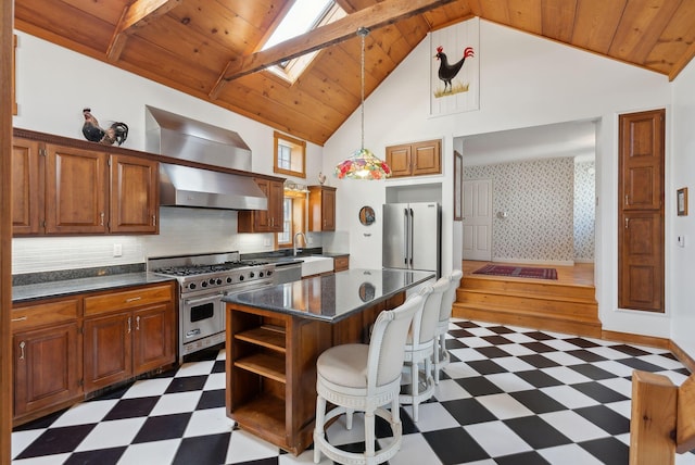 117 Youngs Ridge Rd, Acton, ME 04001 - kitchen with tile patterned floors, wall chimney exhaust hood, a skylight, wood ceiling, and appliances with stainless steel finishes