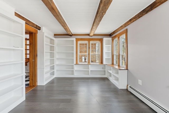 117 Youngs Ridge Rd, Acton, ME 04001 - empty room with baseboard heating, beamed ceiling, and dark wood finished floors