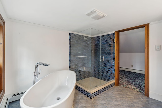 117 Youngs Ridge Rd, Acton, ME 04001 - bathroom featuring visible vents, a shower stall, a baseboard heating unit, and a soaking tub